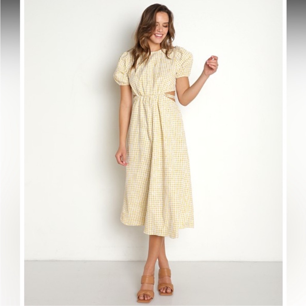 En Saison Gingham Floral Embroidery Kanika Midi Dress Puff Sleeve M